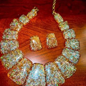 Sassy Jones very Colorful, Glittery necklace and earrings.  Gold 6” chain.